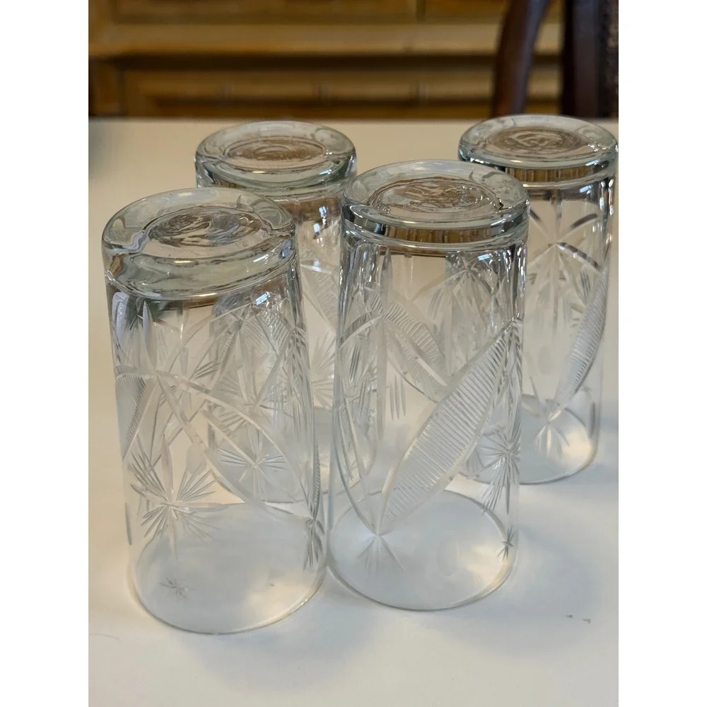 Vintage Cut Glass Highball Tumblers Starburst Wheat Etched‎ Barware Set of 4
